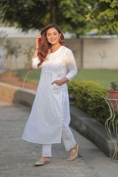 Megha in House of Kari Hand embroidery Chikankari Dress-White